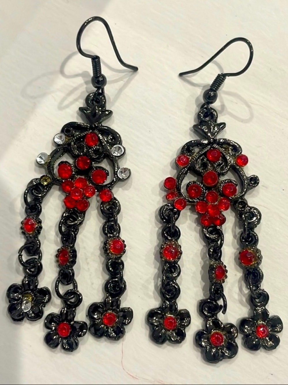 Vintage Black Chandelier Earrings Red Rhinestone Dangle 2.75"